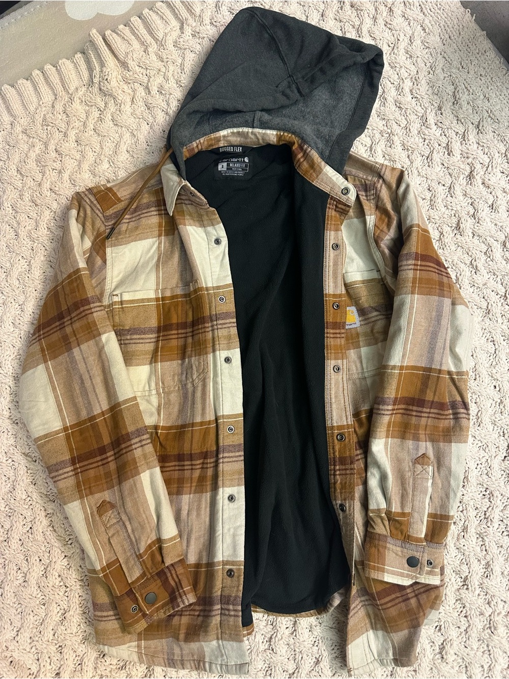 Carhartt Women's Plaid Hooded Shirt Jacket in Brown and Cream